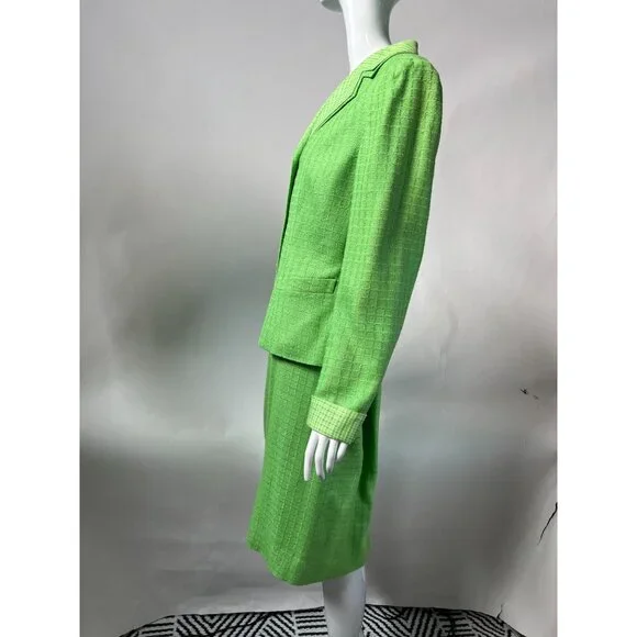 Vintage George Simonton Green Womens Suit Set Size 14 100% Silk With Acetate Lin